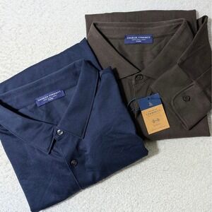 NEW! 2 Pack Charles Tyrwhitt Polo Men XXL Nvy Blue Brown L/S Stretch Smart Pique
